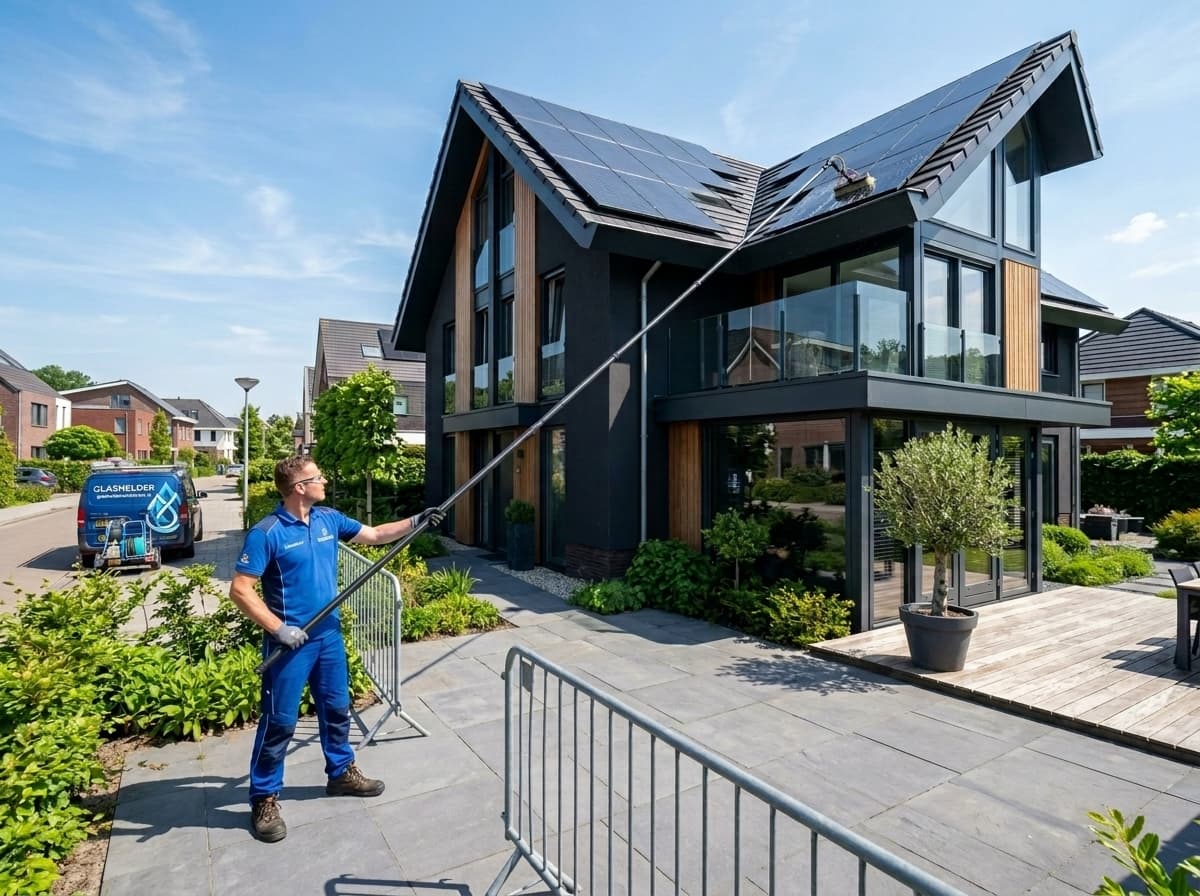 Zonnepanelen reinigen met osmosewater en telescoopborstel