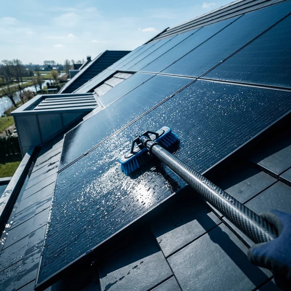Zonnepanelen reinigen met osmosewater en telescoopborstel